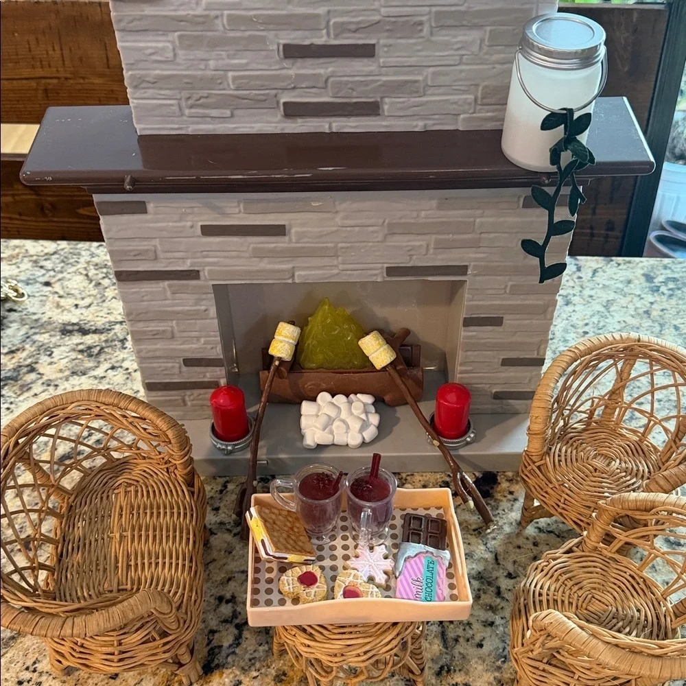 Our Generation Holiday Fireplace, American Girl S'mores Set & Wicker Furniture